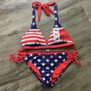 Fox Racing American Flag Red White & Blue Two Piece Bikini Swim Suit
